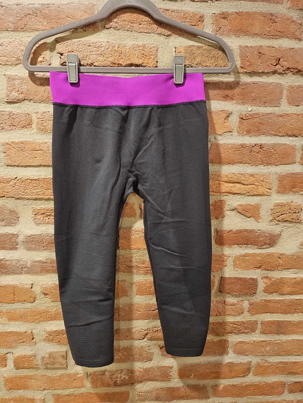 Gray Leggings with Bright Purple Waistband
